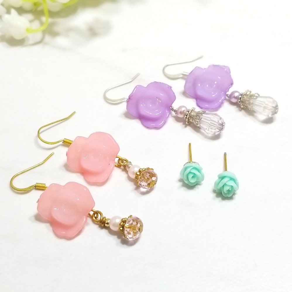 Handmade Cute Rose Dangle & Studs Earring Set